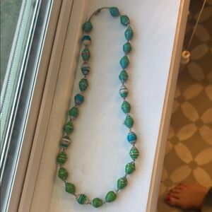 Vibrant Green and Blue Beaded Necklace made of recycled paper